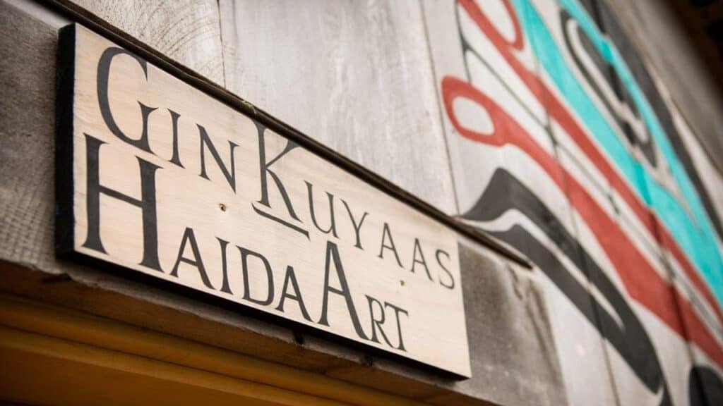 Gin Kuyaas Haida Art sign, at store front located in Old Massett, BC