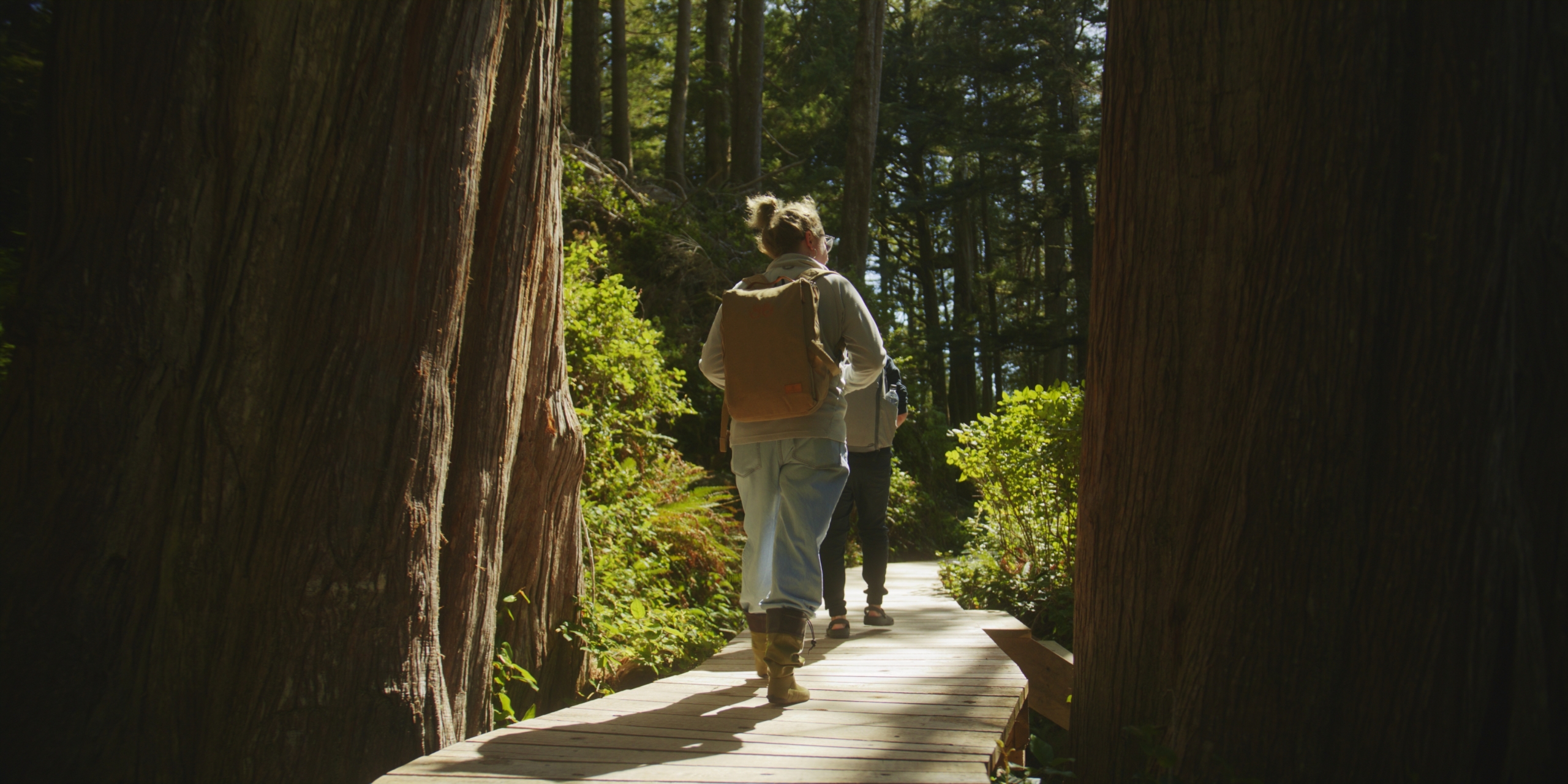 Two people walking along a trail in a forest on the Ahous Adventures' Hot Springs Tour