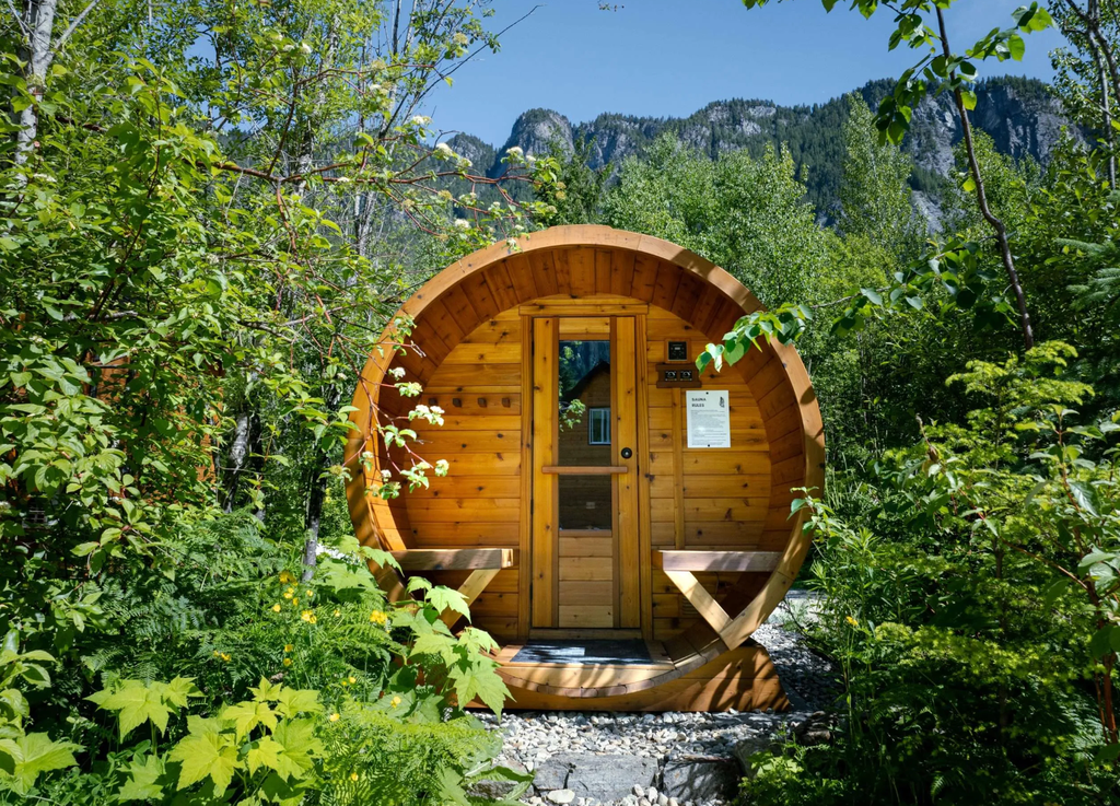 Alpha Mountain Lodging's 8-person cedar barrel electric sauna.