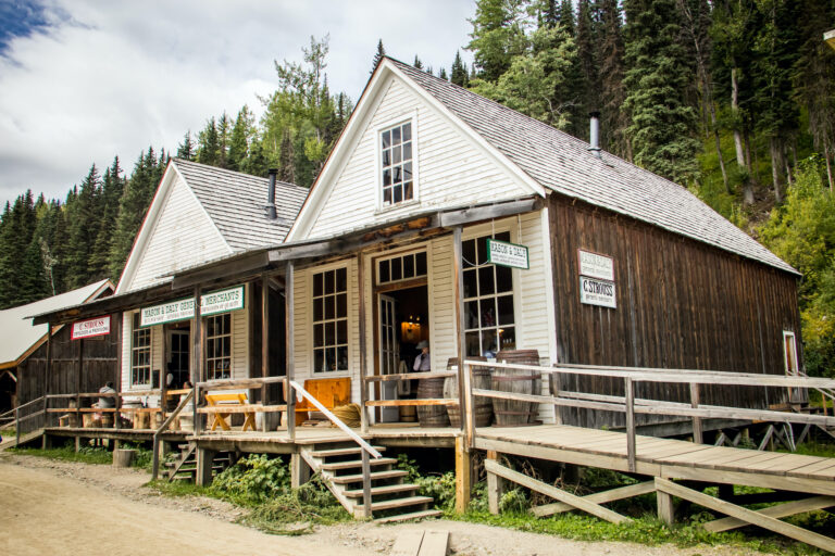 historic 19th century style buildings at Barkerville Historic Town and Park, including Mason and Daly General Merchants general store