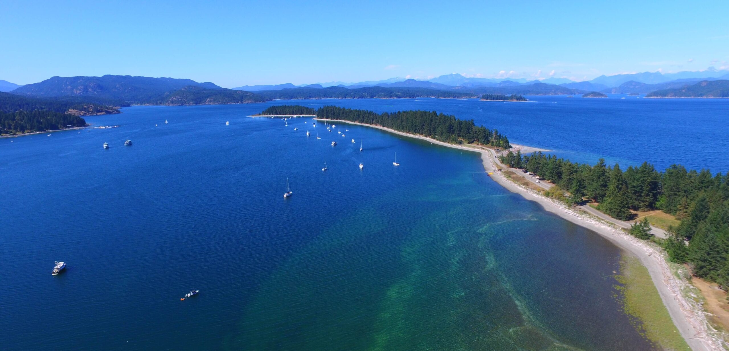 blue ocean water with many sailboats boating around in the bay along the coastline bordering Rebecca Spit Provincial Park with a clear blue sky on Quadra Island