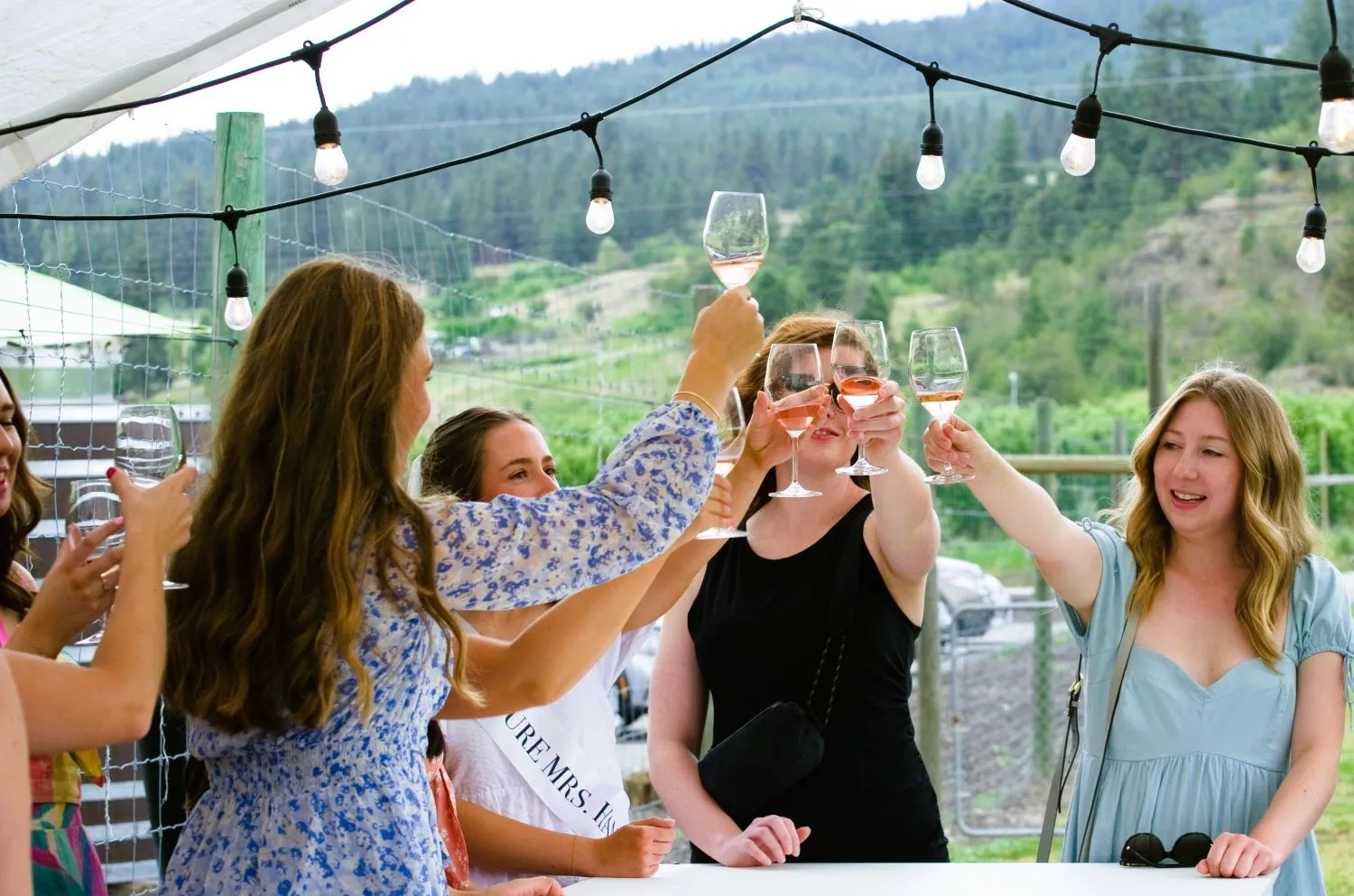 group of women toasting their glasses at a lake vountry winery during a wine tour with Wicked Wine Tours in the Okanagan, BC.
