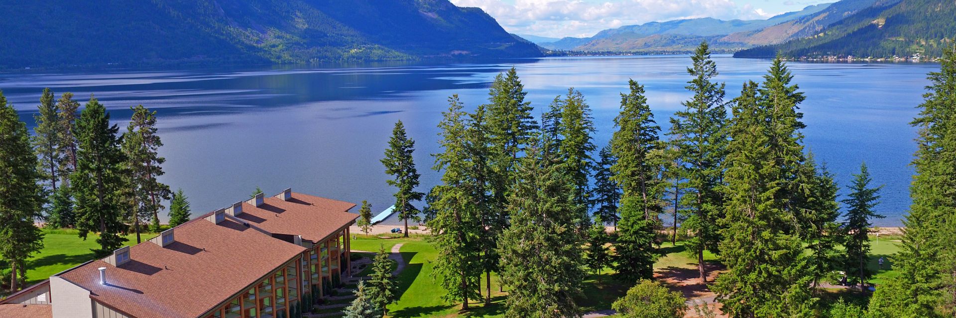 An aerial view of Little Schuswap Lake and Quaaout Lodge & Spa