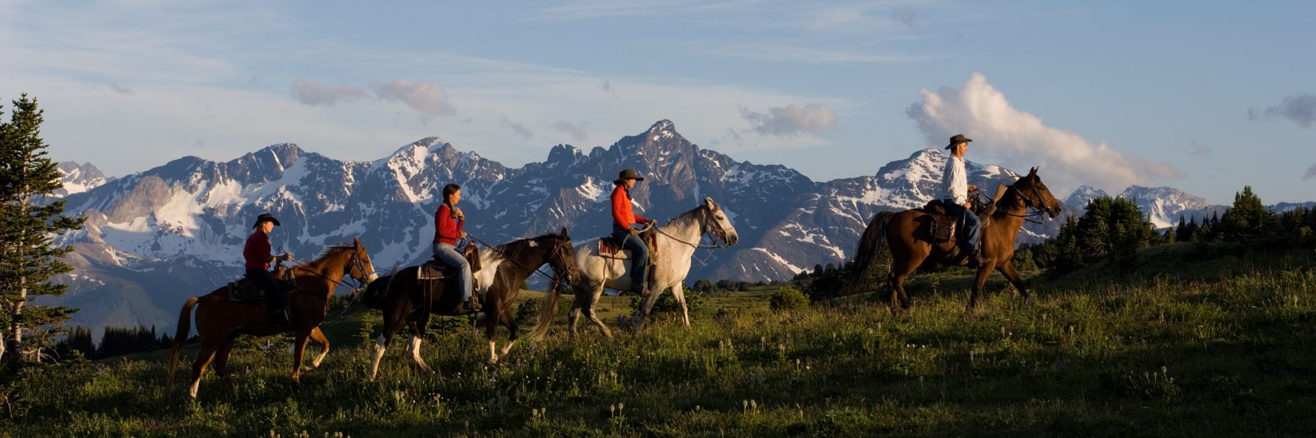 Four horses and riders make their way along a hill with the Potato Mountains in the background