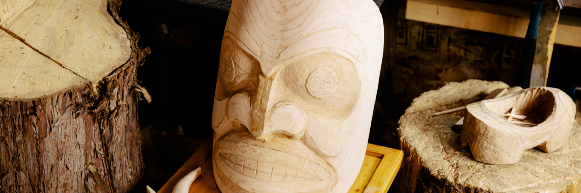 A closeup view of a traditional Indigenous carving